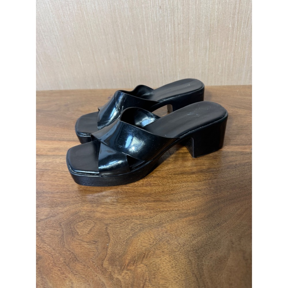Jeffery Campbell Black Patent Leather‎ Platform Square Toe Mule Heel Sandals